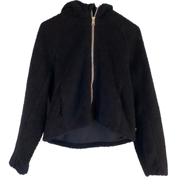 MPG Sherpa Teddy Fleece Full Zip Crop Hoodie Jacket BLACK Large NWT - Picture 2 of 13